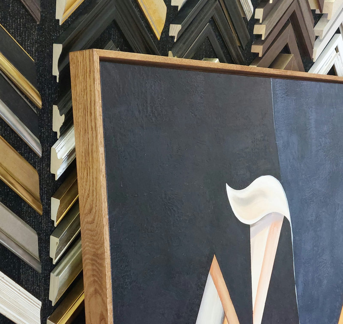 Abstract Oversize Stretched Canvas in Stained Oak Floater Frame